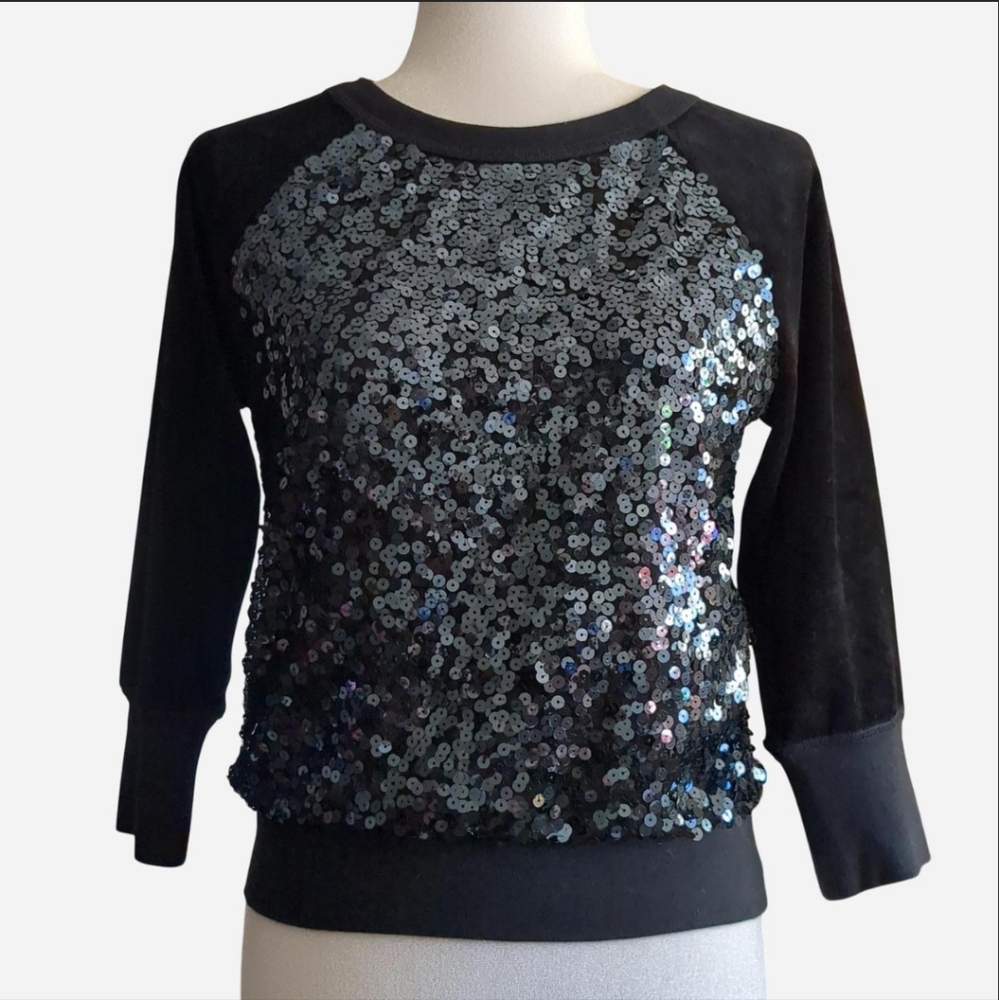 VINTAGE Juicy Couture Black Velour Sequin Sweatshirt - Size P (XS) - Y2K Glam